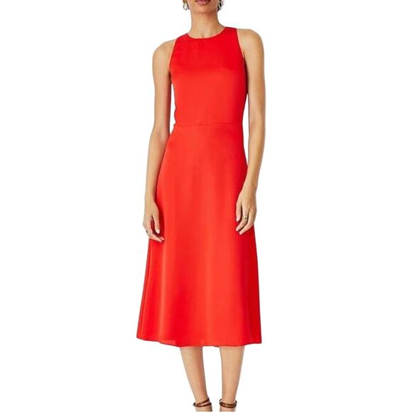 Ann Taylor NWT Red Satin Criss Cross Back Fit & Flare Midi Cocktail Dress - Picture 2 of 13